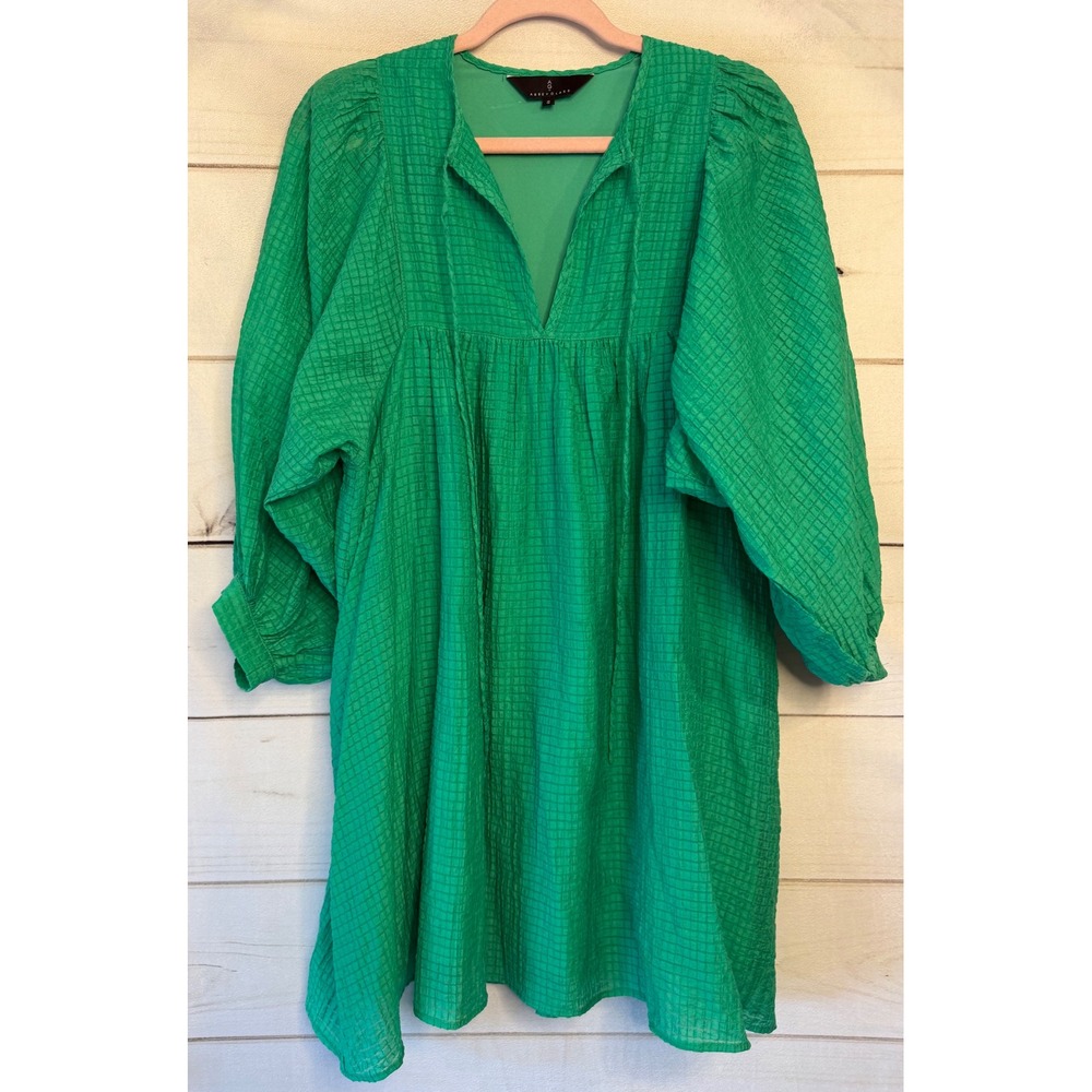 Abbey Glass Green Textured Grid Puff Sleeve Babydoll Dress Neck Tie S